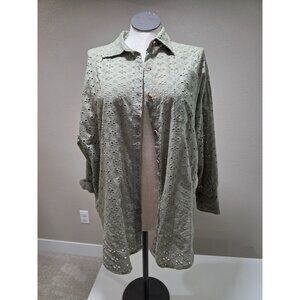 Eyelet Olive Green Button-Up Long Sleeve Shirt Jacket